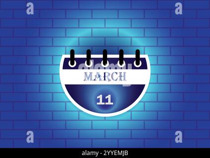 Kalenderschild vom 11. März auf blauem Neonmauerhintergrund. Flaches Design. Datum, Tag und Monat. Vektorabbildung. Stock Vektor