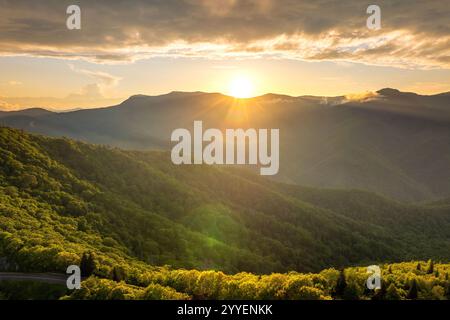 Heller Sonnenuntergang in den Sommerwäldern der Smokey Mountains. Mount Mitchell Peak in den Appalachen in North Carolina mit frischen grünen Waldbäumen Stockfoto