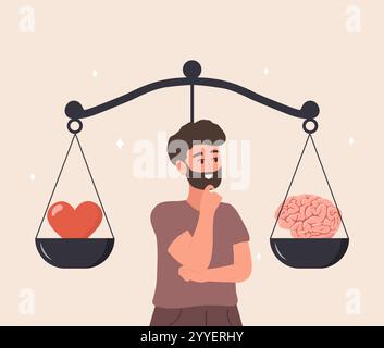 Gleichgewicht zwischen Gehirn und Herz. Psychische und körperliche Gesundheitskonzepte. Der Mann vergleicht logisches Denken und Emotionen auf Skalen. Vektorabbildung in flach Stock Vektor