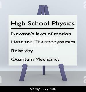 3D-Illustration eines Stativs mit dem Skript High School Physics. Stockfoto