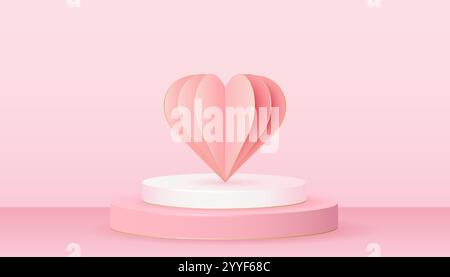 Rosafarbenes, realistisches rundes Podium mit 3D-Papierherz. Valentinstag. Dekoratives Papierherz. Vektor Stock Vektor