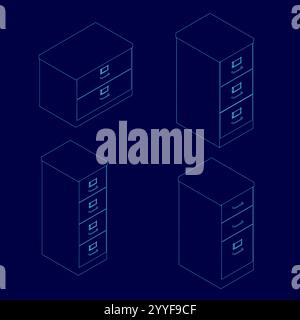 Kontursatz Büroablageschrank Flachsymbol. Clipart-Bild isoliert auf blauem Hintergrund. Isometrische Ansicht Stock Vektor