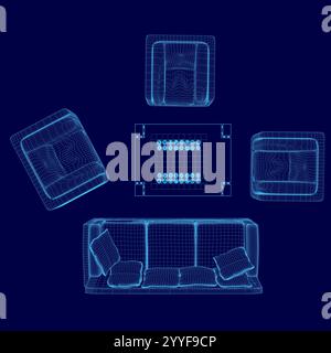 Sofa, Sessel und Tisch mit Schach. Draufsicht. Vektorabbildung. 3D Stock Vektor