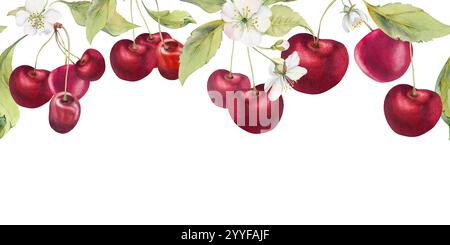 Süß-saure rote Kirsche mit grünen Blättern, weiße Blüten, handgezeichnet in Aquarell, Beere in Clustern auf Zweigen. Illustration der nahtlosen Bannergirlande Stockfoto