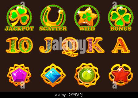 St. Patrick Day Symbole für dein Spiel oder deinen Spielautomaten. Standardsymbole, Jokersymbol, Bonussymbol, Streusymbol, Jackpot-Symbol und Spielkarte Stock Vektor