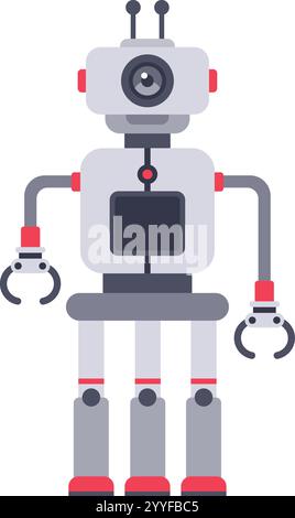 Futuristischer Roboter auf drei Beinen mit mechanischen Armen, die Krallen halten, mit einem Kameraauge und einer zentralen Recheneinheit Stock Vektor
