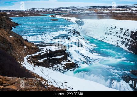 Gullfoss Wasserfall im Winter (Bird's Eye View), Island Stockfoto
