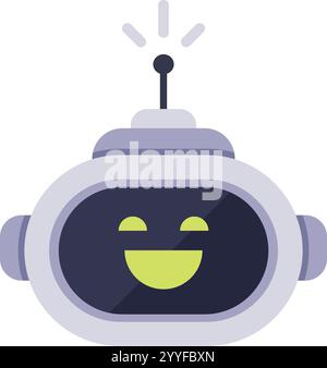 Niedlicher Roboter, der einen glücklichen Ausdruck auf seinem Gesicht zeigt, mit einer Antenne, die Daten überträgt und künstliche Intelligenz, Automatisierung und Positives repräsentiert Stock Vektor