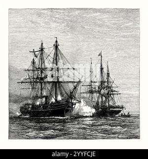 Eine alte Gravur der Gefangennahme des truppenträgertragenden türkischen Dampfschiffs „Mercene“ (Mersina, links) durch den Dampfer „Russland“ im Schwarzen Meer am 13. Dezember 1877 während des Russisch-Türkischen Krieges. Es stammt aus einem viktorianischen Geschichtsbuch aus dem jahr 1900. Der Russisch-Türkische Krieg (1877–78) war ein Konflikt zwischen dem Osmanischen Reich und einer Koalition unter Führung des Russischen Reiches, zu der Rumänien, Serbien und Montenegro gehörten. Die von Russland geführte Koalition gewann den Krieg und drängte die Osmanen bis zu den Toren Konstantinopels zurück, was zur Intervention der westeuropäischen Großmächte führte. Stockfoto