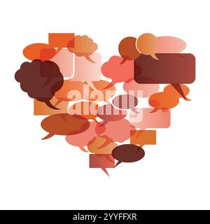 Herzförmiges Design mit bunten Sprechblasen – Eine kreative Grafik mit braunen, roten und lila Sprechblasen auf einem kristallklaren weißen Hintergrund, per Stock Vektor