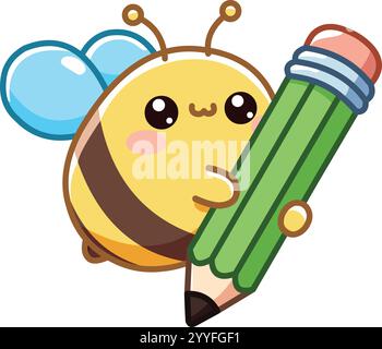 Eine Biene im Kawaii-Stil, die einen großen grünen Bleistift hält Stock Vektor