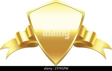 Goldener Schild mit einem Band, das sich um ihn wickelt und Konzepte wie Sicherheit, Prestige, Auszeichnung, Anerkennung und Leistung vermittelt. geeignet für verschiedene DE Stock Vektor