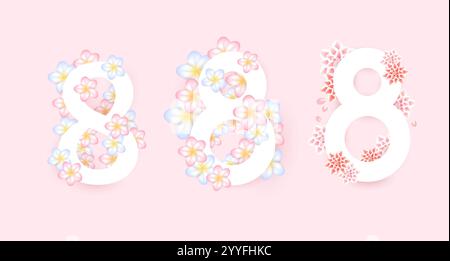 8. März, 3. Pastellblumen, auf weißem Hintergrund internationaler Frauentag. Stock Vektor