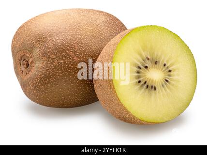 Goldene Kiwi-Frucht und Kreuzschnitt von Kiwi auf weißem Hintergrund. Datei enthält Beschneidungspfad. Stockfoto