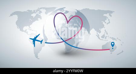 Ich liebe Reisen - Lufttransport, Tourismuskonzept, Vektor-Illustration - Design mit fliegendem Flugzeug auf einer interkontinentalen Fernstrecke Stock Vektor