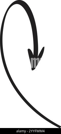 Einfacher, schwarzer, von Hand gezeichneter, nach unten zeigender, geschwungener Pfeil vor einem sauberen weißen Hintergrund, der als ideales grafisches Element für vielfältige Anwendungen dient Stock Vektor
