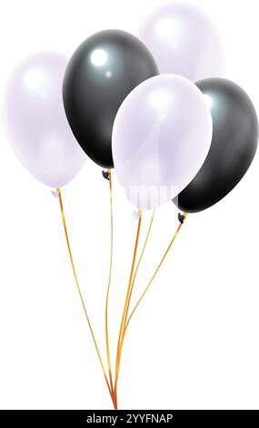Ein Haufen aufgeblasener schwarz-weißer Ballons, die anmutig mit goldenen Bändern schweben, schaffen eine festliche Atmosphäre für eine Party oder einen Geburtstag Stock Vektor