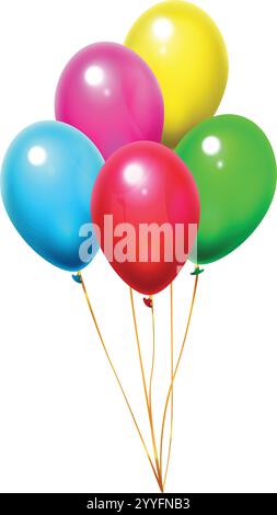 Fünf leuchtende Ballons, die anmutig vor einem sauberen weißen Hintergrund schweben, mit glänzenden goldenen Saiten verziert, wecken Freude und Feier Stock Vektor