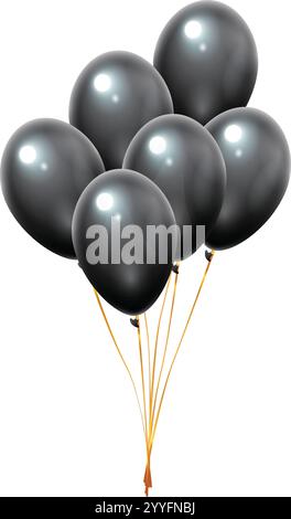 Sechs glänzende schwarze Ballons, die mit goldenen Bändern auf weißem Hintergrund zusammenhängen, schaffen eine festliche und elegante Atmosphäre Stock Vektor