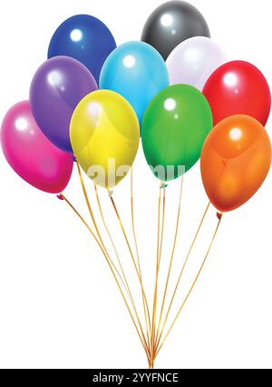 Ein Haufen bunter Ballons, die mit goldenen Bändern auf weißem Hintergrund schweben, schaffen eine festliche und fröhliche Atmosphäre, die perfekt für Feiern und fröhliche Feierlichkeiten ist Stock Vektor