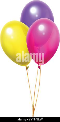 Drei bunte Ballons, gelb, Fuchsia und Violett, schwebend mit goldenen Bändern auf weißem Hintergrund, schaffen eine festliche und fröhliche Atmosphäre Stock Vektor
