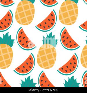 Stilisierte Ananas- und Wassermelonscheiben nahtloses Muster in trendigen Sommerfarben im minimalistischen Stil. Isolierte Vektor-Illustration Wallpaper Wrapping oder Web Promo Banner, thematische Karten, Posting, Blog Stock Vektor