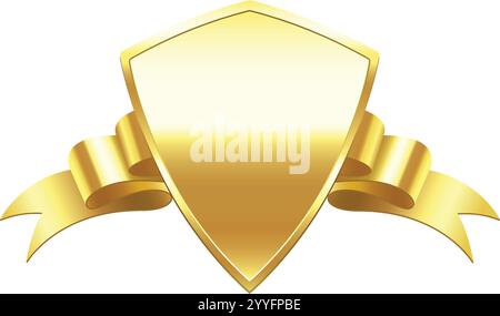 Goldener Schild mit einem Band, das sich um ihn wickelt und Konzepte wie Sicherheit, Prestige, Auszeichnung, Anerkennung und Leistung vermittelt. geeignet für verschiedene Stock Vektor