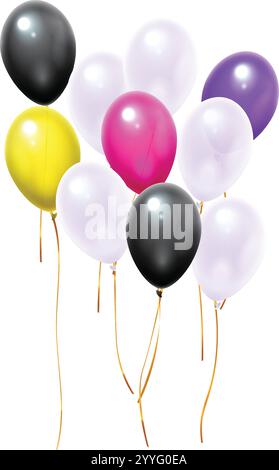 Neun leuchtende Ballons, die anmutig vor einem strahlend weißen Hintergrund schweben, verziert mit glänzenden goldenen Bändern, sorgen für eine zauberhafte und festliche Atmosphäre Stock Vektor