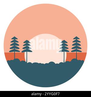 Retro-Stil Sonnenuntergang Illustration: Eine minimalistische Waldsilhouette in Pink, Rot und Grau Stock Vektor