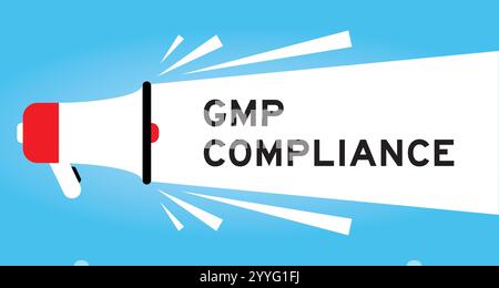 Farbiges Megaphon-Symbol mit dem Wort GMP (Good Manufacturing Practice)-Konformität in weißem Banner auf blauem Hintergrund Stock Vektor