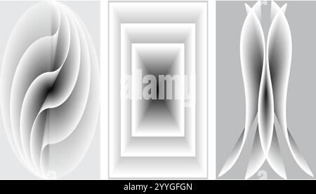 Drei vertikale abstrakte Hintergrundbilder mit weißen und grauen Objekten Stock Vektor