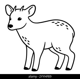 Pudu, kleiner südamerikanischer Hirsch. Zeichnung von Schwarzweiß-Strichzeichnungen. Niedliche Zeichentrickvektor-Illustration. Stock Vektor
