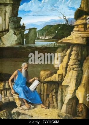 Giovanni Bellini; Saint Jerome liest in einer Landschaft um 1480–85; italienischer Renaissance-Maler, Öl auf Holz, National Gallery London Stockfoto