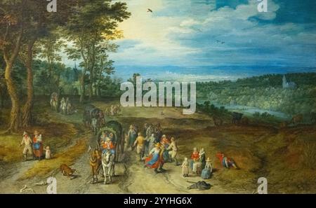 Jan Brueghel der ältere, Landschaft mit Reisenden und Bauern auf einer Strecke, 1610. Jan Brueghel der ältere Gemälde, flämischer Maler des 17. Jahrhunderts, 1600er Jahre Stockfoto