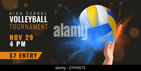 Volleyballturnier. 3D realistisch isoliert auf schwarzem Hintergrund Athlet Hand Hit Ball. Werbebanner für die Einladung zur Meisterschaft. Profisport Stock Vektor