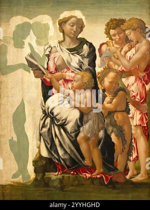 Michelangelo; die Manchester Madonna, 1494–97, unvollendetes Michelangelo-Gemälde der Jungfrau, des Kindes und der Engel. Tempera auf Holz. Ende des 15. Jahrhunderts Stockfoto