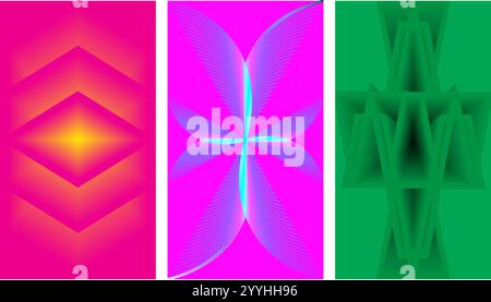 Set aus drei vertikalen abstrakten Hintergrundtapeten mit rosa und grün Stock Vektor