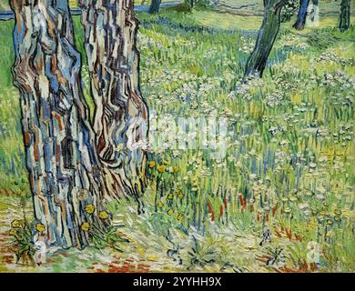Van Gogh Baumstämme im Grass 1890, Öl auf Leinwand. Vincent Van Gogh Gemälde, Bäume und Graslandschaft; postimpressionistische Malerei aus dem 19. Jahrhundert Stockfoto