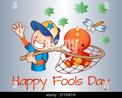 Der Junge hält ein Netz und ein Dinosaurier ist im Netz. Der Dinosaurier lächelt und der Junge lächelt. Verspielter April-Narrentag Humor Glück Joy Bizarr Stock Vektor