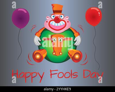 Cartoon Clown hält zwei Ballons und einen grünen Ball. Die Ballons sind violett und rot. Das Bild trägt den Titel Happy Fools Day. Verspielter April-Narrentag Stock Vektor