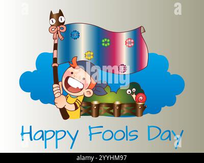 Junge mit einer Flagge an einem bewölkten Tag. Happy Narols Day. Die Flagge ist blau und weiß. Verspielter Aprilfools Day Humor Happiness Joy Bizarre Event Clips Art Stock Vektor