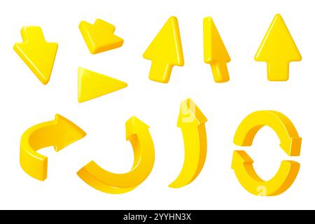 3D-Pfeile und Zeiger. Gelbe interaktive Cursor, verschiedene Richtungen und Formen, Drehungen, kreisförmig, nach oben, nach unten, voluminöser Stil, Zeichentrickfilme glänzend Stock Vektor