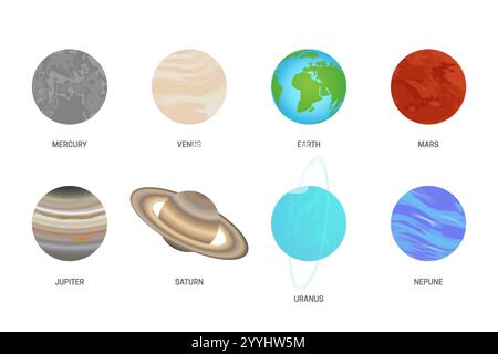 Isolierte Sammlung jedes Planeten im Sonnensystem. Flache Abbildung mit Planetennamen. Stock Vektor