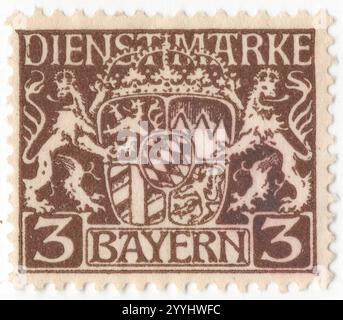 BAYERN — 01. August 1916: 3 pfennig braune Amtsmarke mit dem Bayerischen Staatswappen und Ornament. Bayern war ein Königreich im Süden Deutschlands mit der Hauptstadt München, Mitglied des Deutschen Bundes und wurde 1870 Teil des Deutschen Reiches. Nach dem Ersten Weltkrieg erklärte sie sich zur republik. Am 31. März 1920 verlor sie ihre Postautonomie Stockfoto