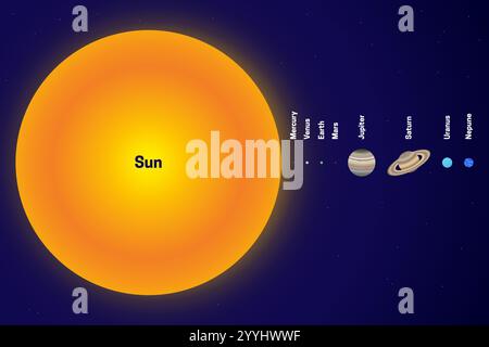 Sonne und Planet Größenanteile oder Vergleichs flache Abbildung des Sonnensystems. Die Größe der Sonne im Vergleich zu den Planeten realistisch bunte Il Stock Vektor