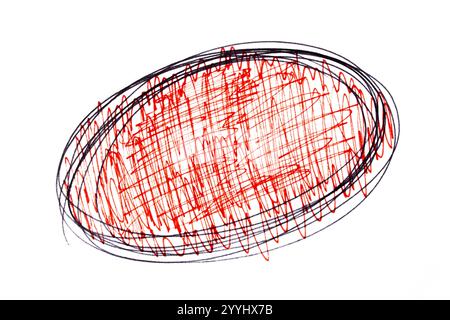 Handgezeichnetes rotes, rundes Kritzel isoliert auf weiß Stockfoto