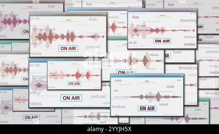 Live-Aufnahme im Studio mit Audio-Spektrum-Symbol-Technologie. Abstraktes Schild auf Störbildschirmen 3D-Illustration. Stockfoto