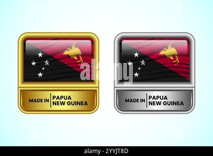 Hergestellt in Papua-Neuguinea-Label-Ikone in Gold- und Silberfarbe. Flaggensymbolgruppe für Unternehmen Stock Vektor