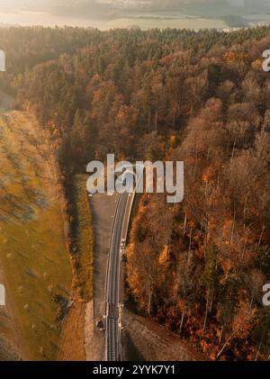 Luftaufnahme eines Herbstwaldes mit Gleisen und einem von warmem Sonnenlicht beleuchteten Tunnel, neuer Tunnel der Hermann-Hessenbahn, weil der Stadt. Keim Stockfoto