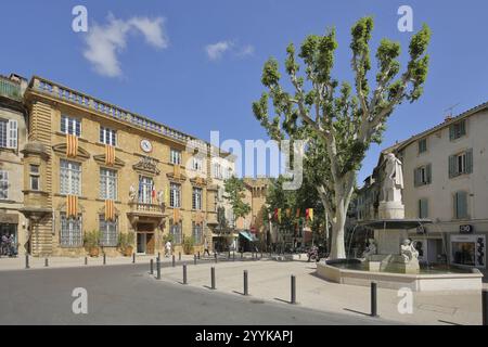 Rathaus mit Fahnen und Brunnen mit Denkmal für den Ingenieur Adam de Craponne, Hotel de Ville, Salon-de-Provence, Bouches-du-Rhone, Provence, Frankreich Stockfoto